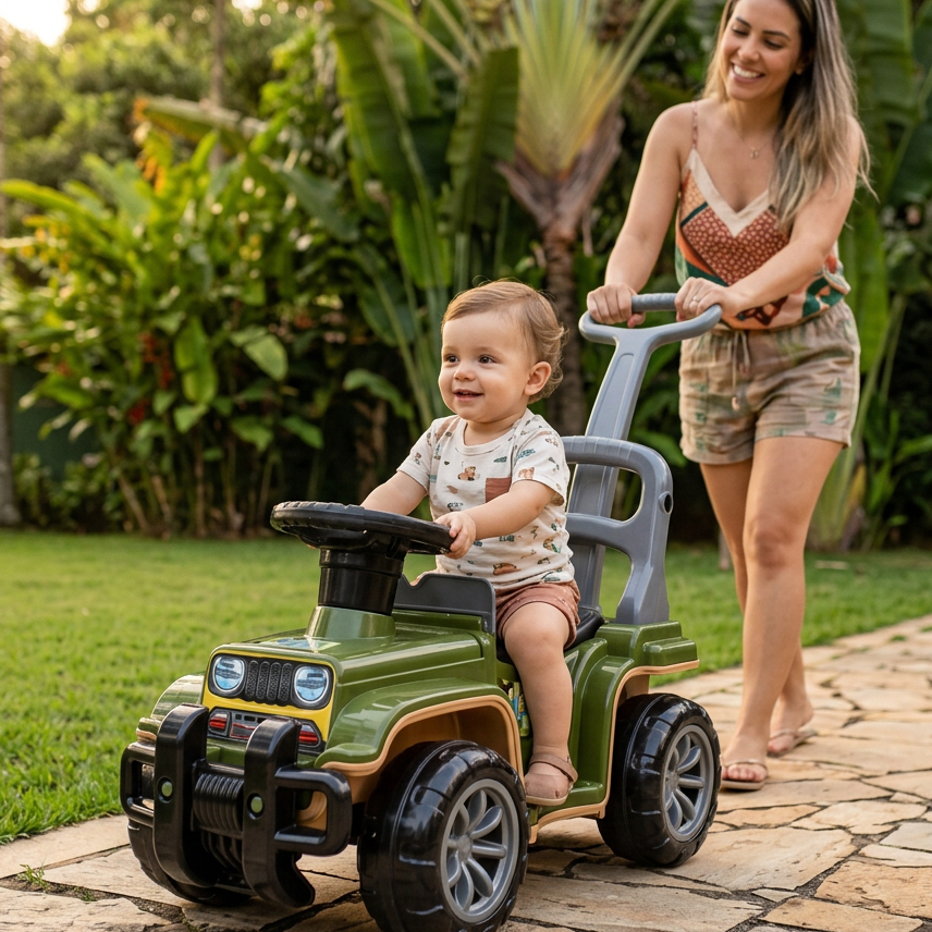 Carrinho Jip Jip Passeio e Pedal Maral Verde Militar com Haste
