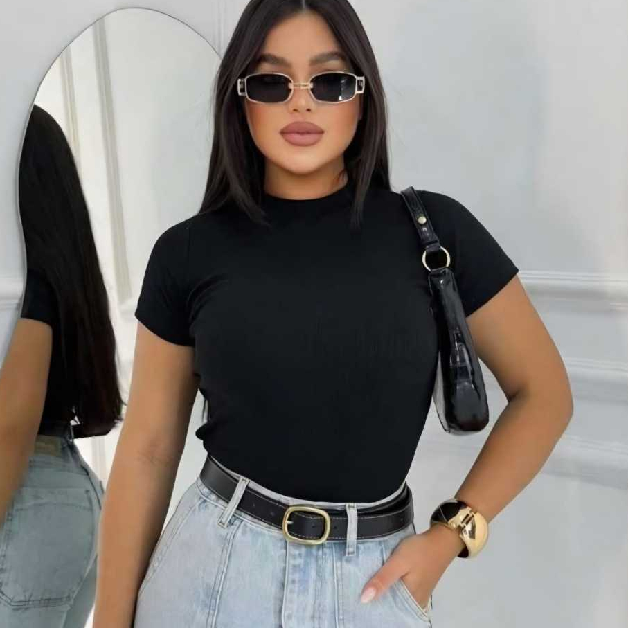 Blusa Feminina Blusinha Ribana Básica Lisa de Manga Curta Elegante Blogueira Tendencia Casual Trabalho Ribana Canelado