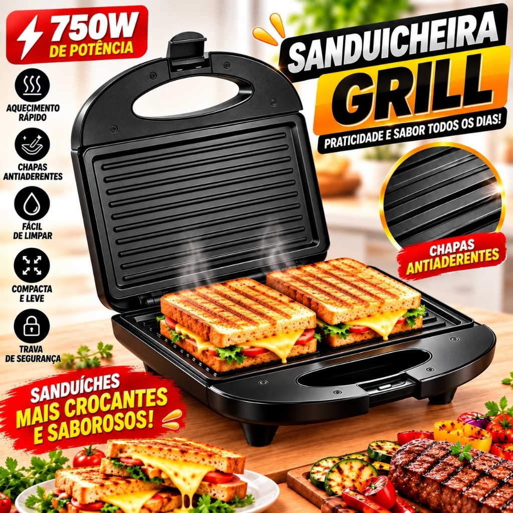 Sanduicheira Grill Elétrica Antiaderente Prensa Dupla 2 Em 1 Cozinha Rápida 750W 127V 220V