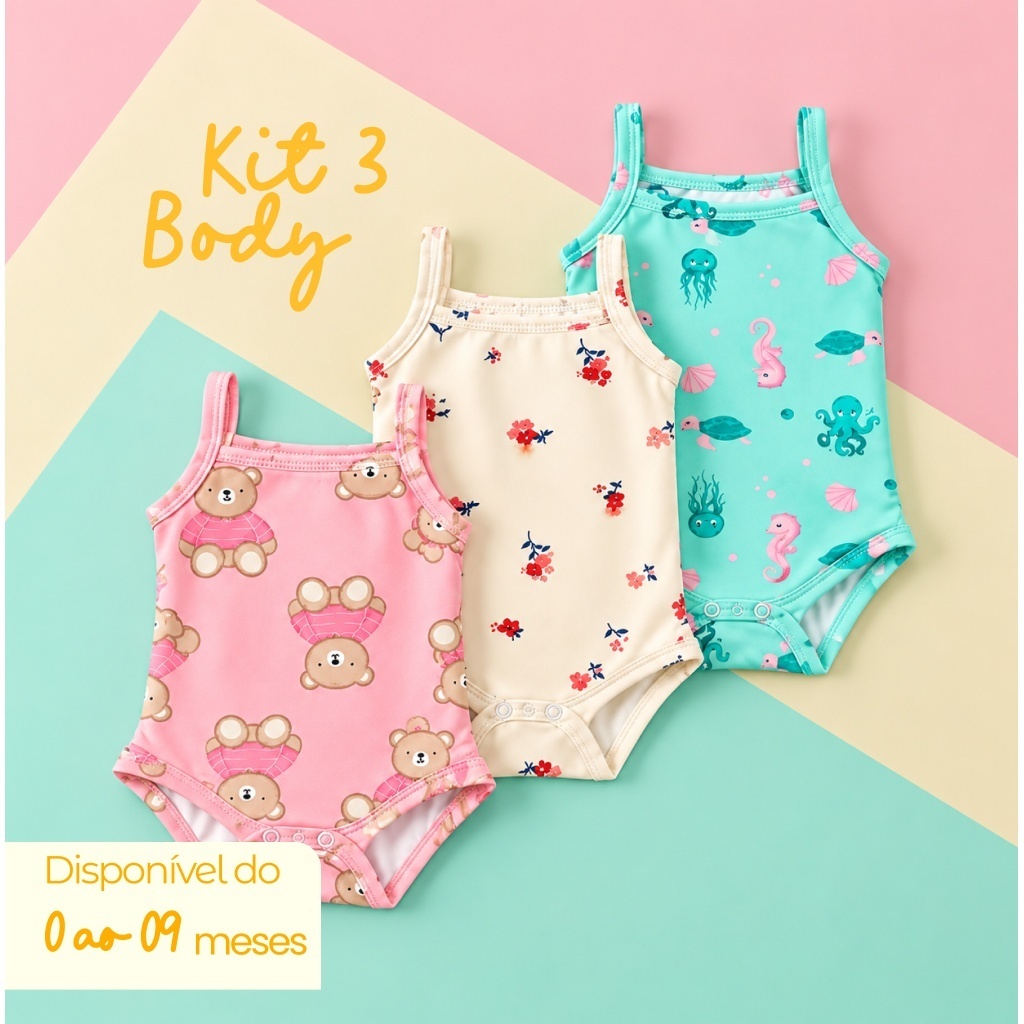 Kit 3 Body Bebê Menina Alcinha Estampado 100% Algodão Estampas Sortidas Tamanho 0 a 9 meses Toque Macio