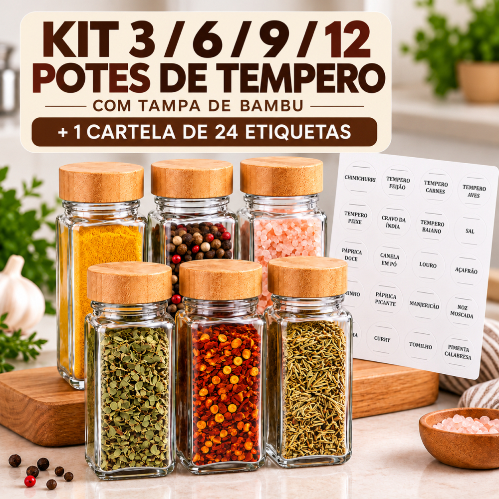 Kit Pote Porta Tempero Condimento Vidro Bambu Hermético Organizador Cozinha 120ml Saleiro