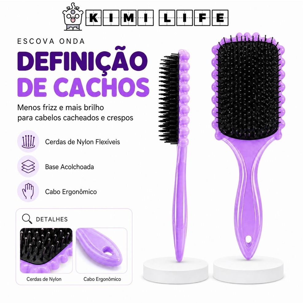 Escova Onda para Cabelo Cacheado e Crespo, Definição de Cachos, Menos Frizz, Design Ergonômico, Uso Versátil