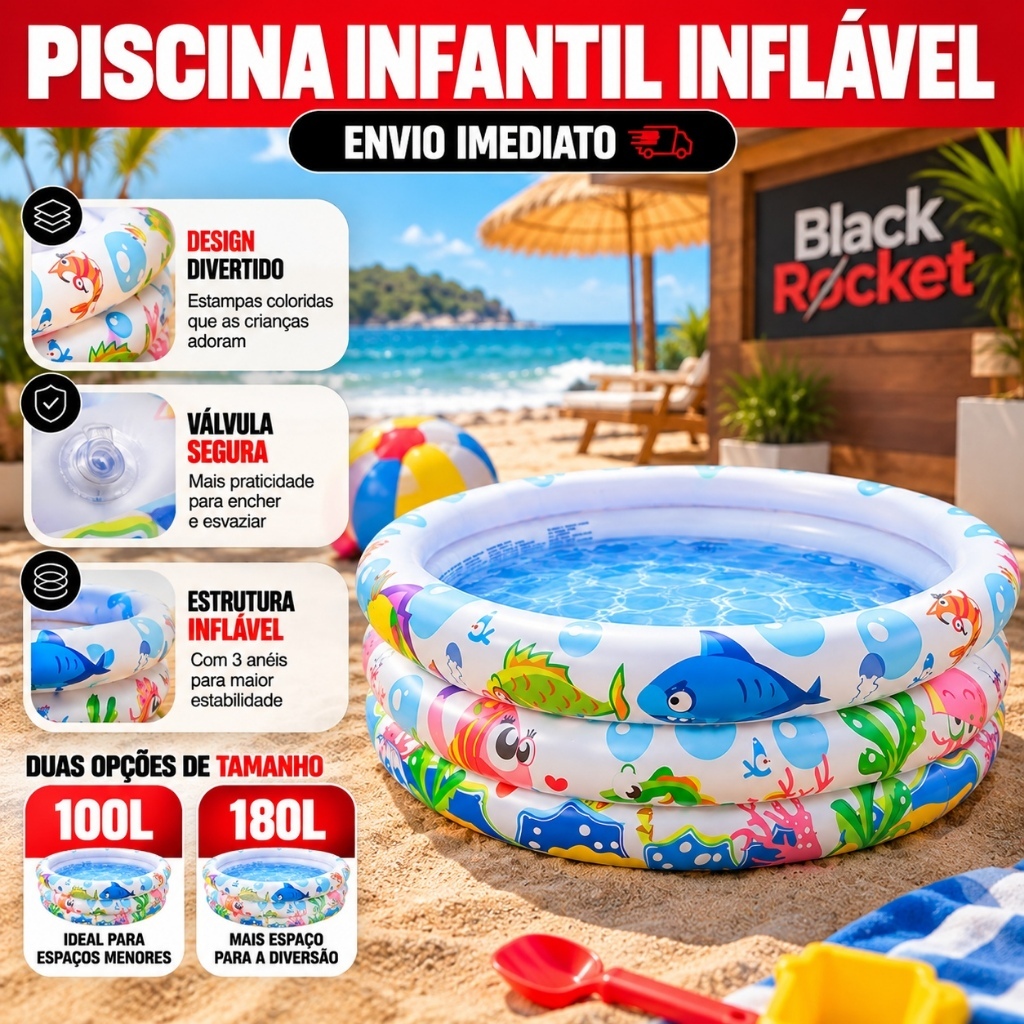 Piscina Infantil 100L/180L Redonda Inflável Àgua e Bolinhas Fundo do Mar