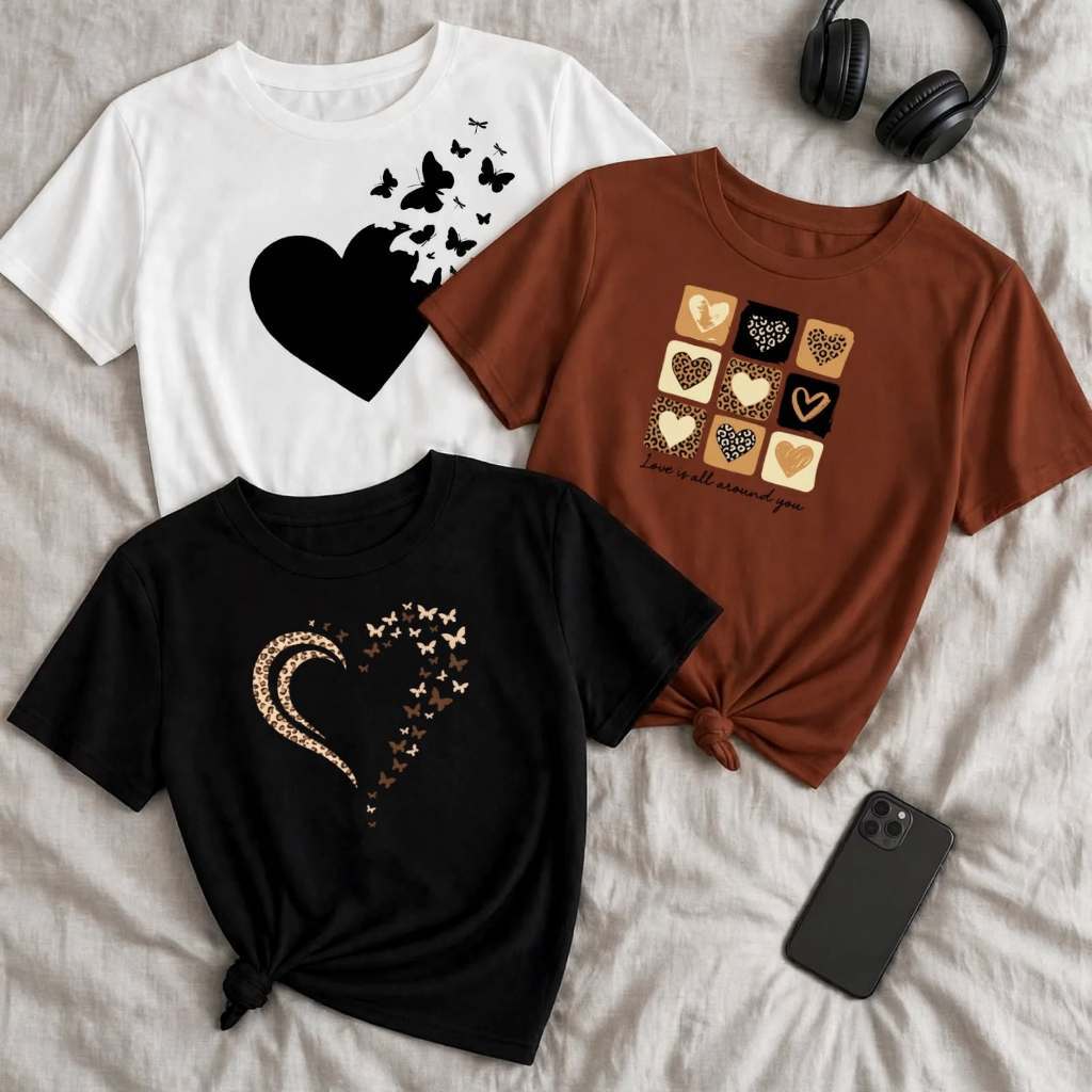 Kit 3 Camisetas Plus Size Feminina P ao G5 Estampada Academia Camisa Blusa 100% Algodão Treino 3 Com Corações