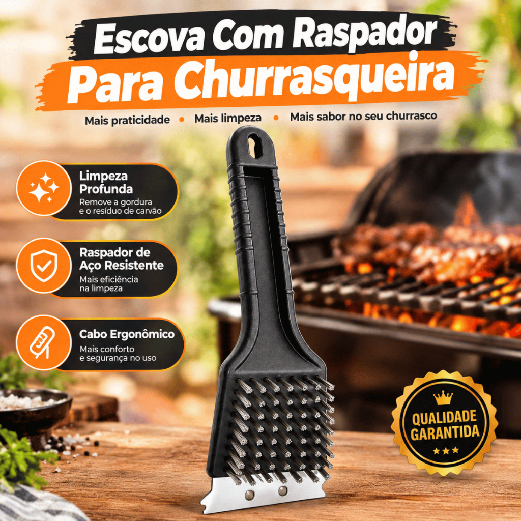 Escova Para Grelha Cerdas de Aço Limpa de Churrasqueira Com Raspador