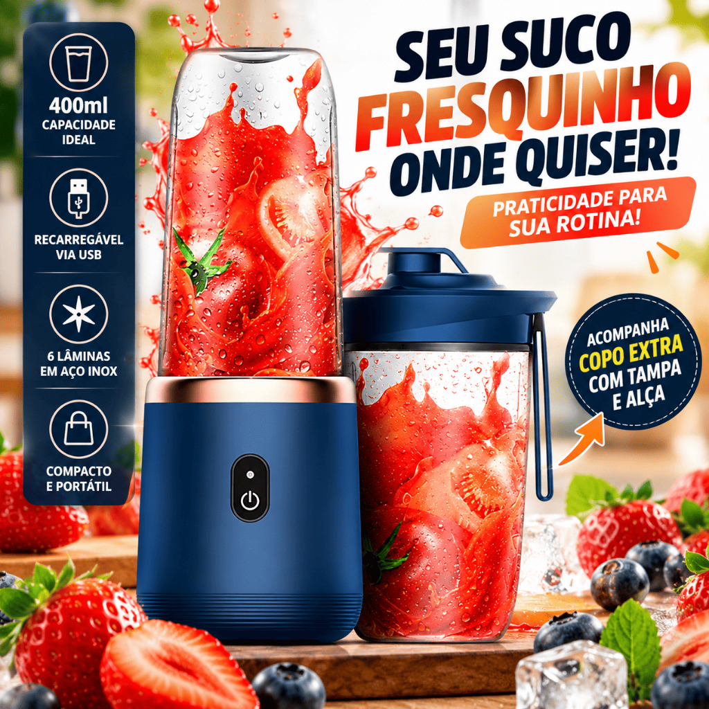 Mini Liquidificador Portátil 400ml Recarregável USB com Copo Extra para Sucos Vitaminas e Shakes