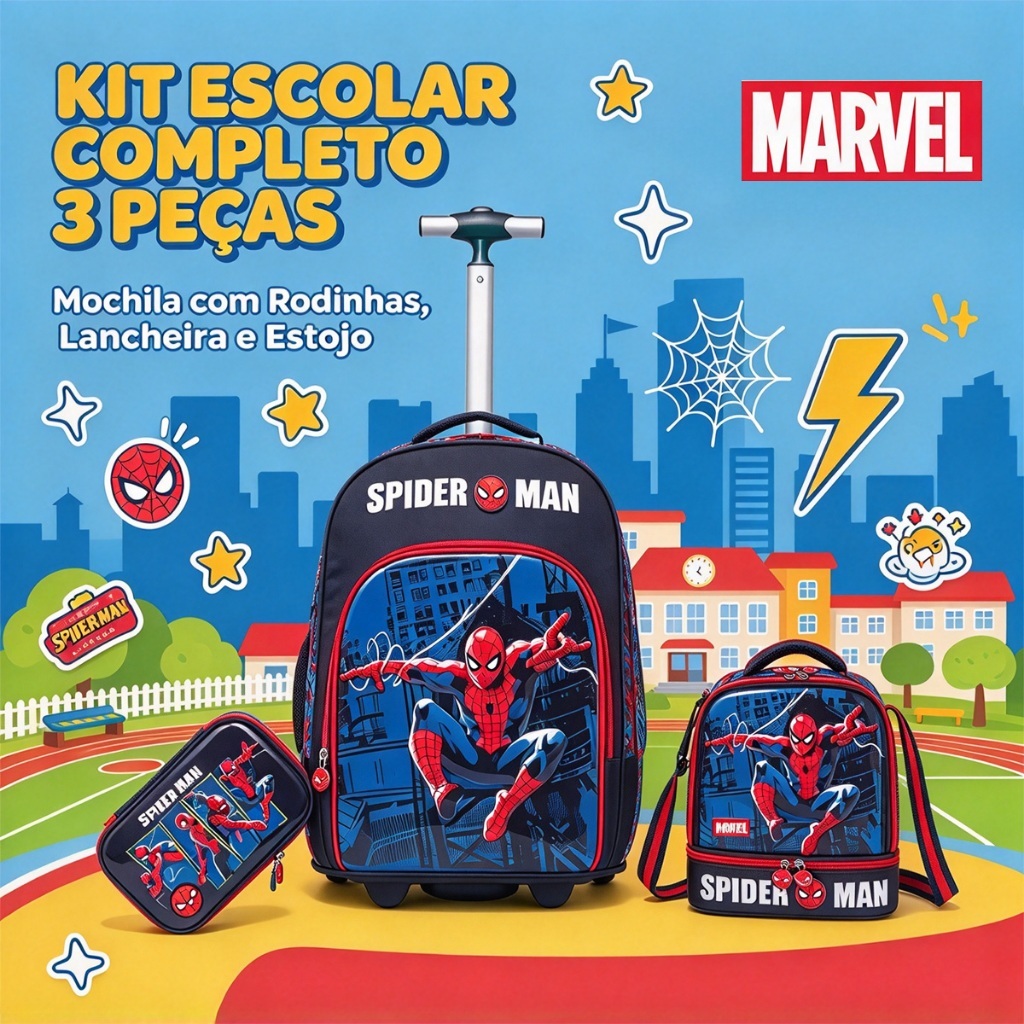 Marvel Kit Mochila Escolar Homem-Aranha Com Rodinha + Lancheira Térmica E Estojo - 3 Peças Design Exclusivo