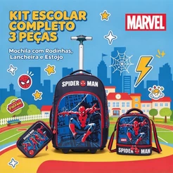 Marvel Kit Mochila Escolar Homem-Aranha Com Rodinha + Lancheira Térmica E Estojo - 3 Peças Design Exclusivo