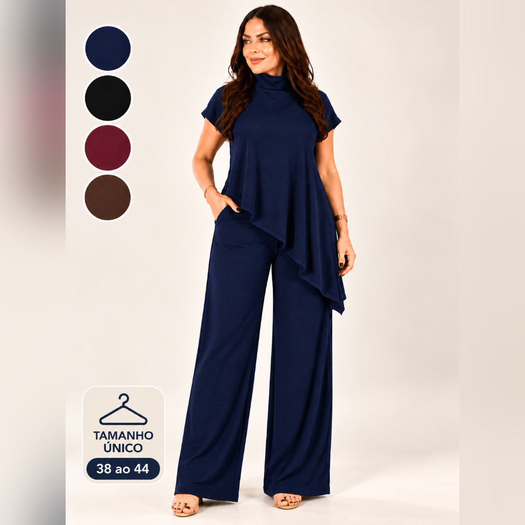 Conjunto Feminino Elegante Blusa Assimétrica Calça Pantalona Tecido Anarruga Premium Cintura Elástica 38 ao 44