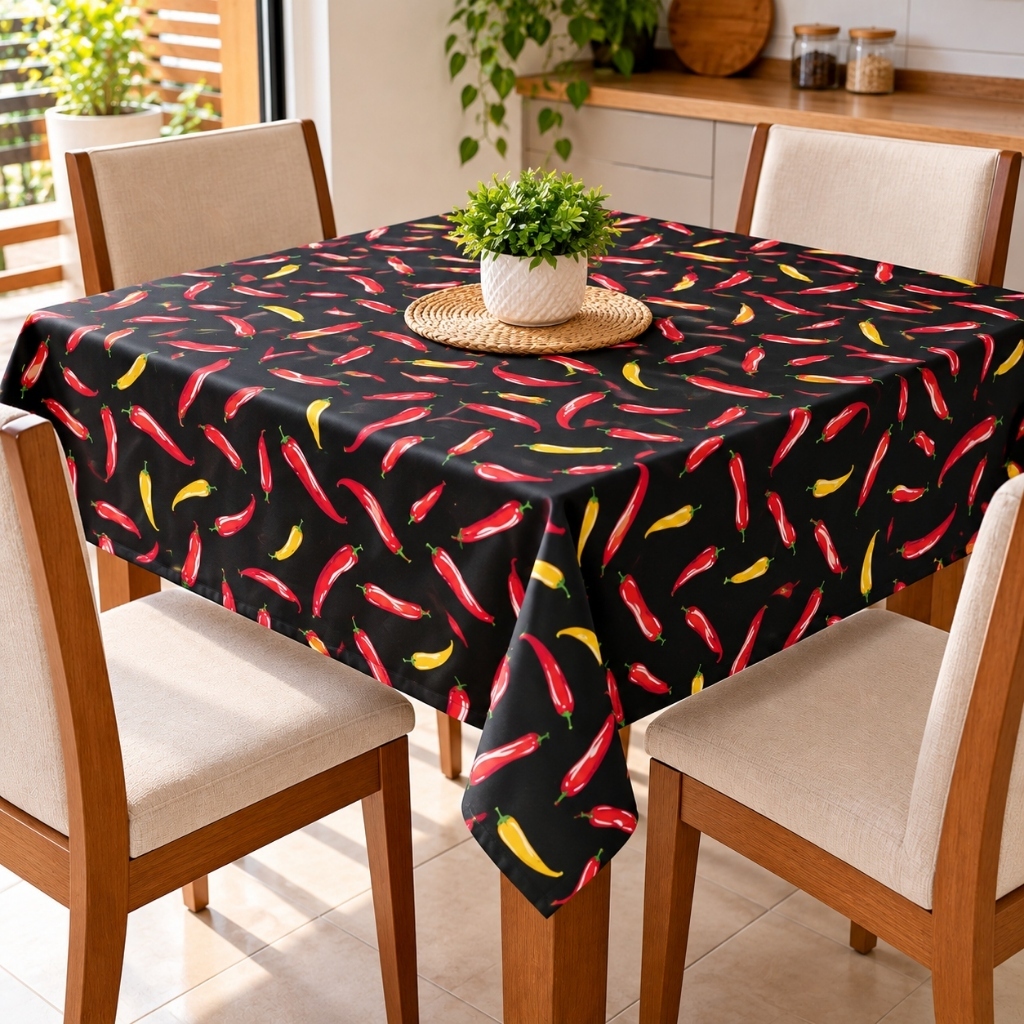 Toalha de Mesa ou centrinho 70x70cm Oxford Estampada Pimenta 4, 6 e 8 Lugares Decorativa para Cozinha e Sala de Jantar