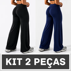 Kit 2 Calças Feminina Wide Leg Cintura Alta Pantalona Confortável Treino Academia Yoga