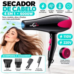 Secador de Cabelo Profissional Turbo 4 em 1 Alta Potência 110V/220V