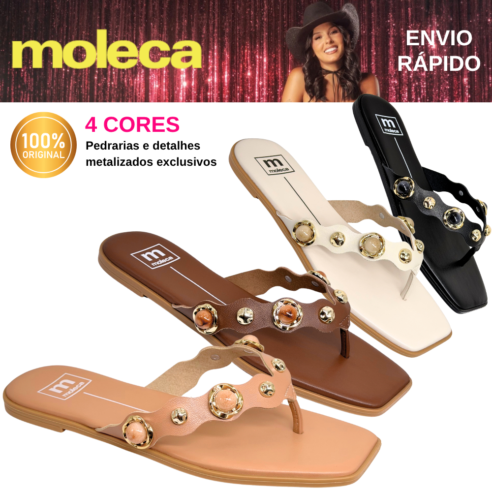 Chinelo Feminino Moleca 5560.116 Rasteira com Pedraria Solado Antiderrapante e Palmilha Confortável
