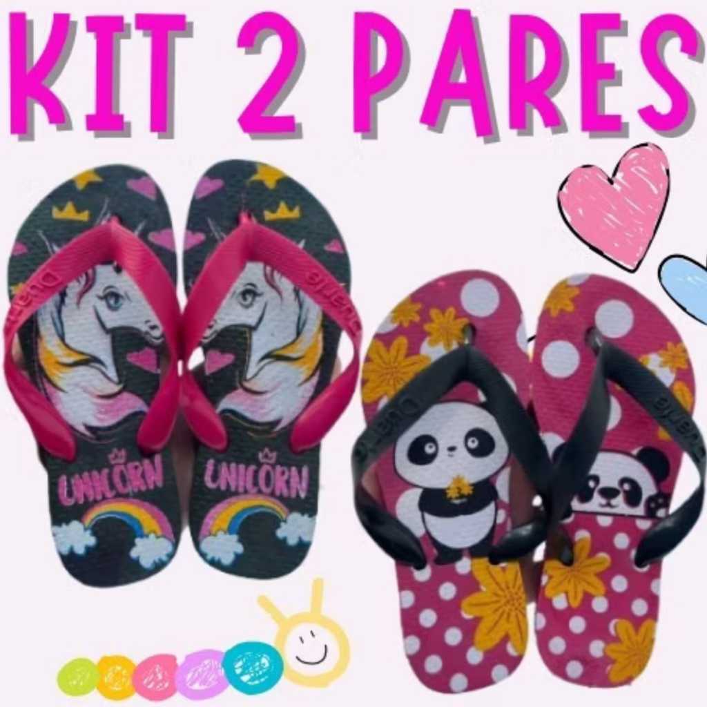 Kit 2 Pares de Chinelo Infantil Feminino Menina Leve Macio Melhores Estampas