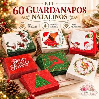 Kit 60 Guardanapos De Natal Papel Mesa Posta Ceia Decorado Folha Dupla Decorativo Artesanato