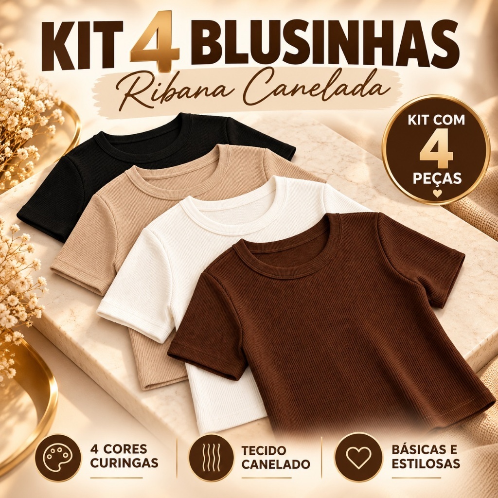 Kit 4 Blusas Femininas Ribana Canelada Manga Curta Básica Casual Confortável Estilosa Para Dia a Dia Moda Feminina Verão
