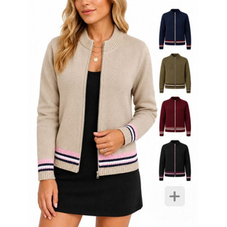 Jaqueta Feminina Tricot Listrada Parka Feminina Jaqueta de Frio Feminina