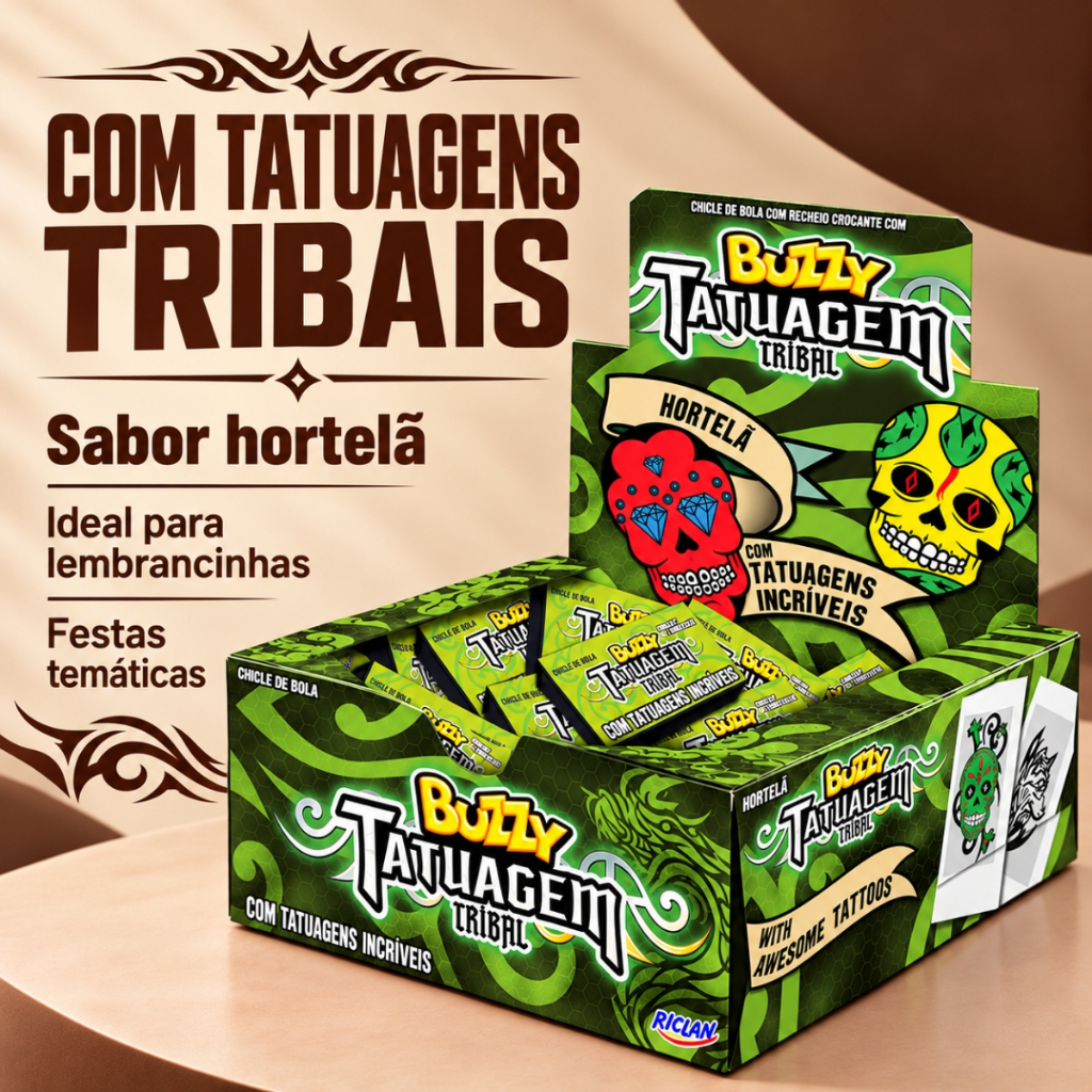 Chiclete Tatuagem Tribal Hortelã C/90 Unidades Buzzy Riclan