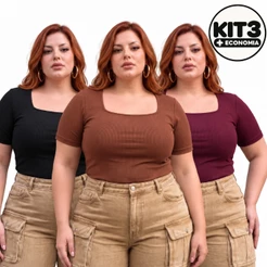 Kit 3 Blusa Feminina Plus Size Decote Quadrado Manga Curta Canelada Social Trabalho Acinturada Elegante G1 ao G3