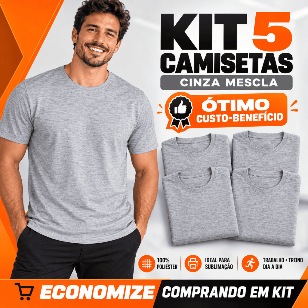 Kit 5 Camisetas Cinza Mescla Basica Atacado Sublimação Trabalho Treino Blusa 100% Poliester Oferta