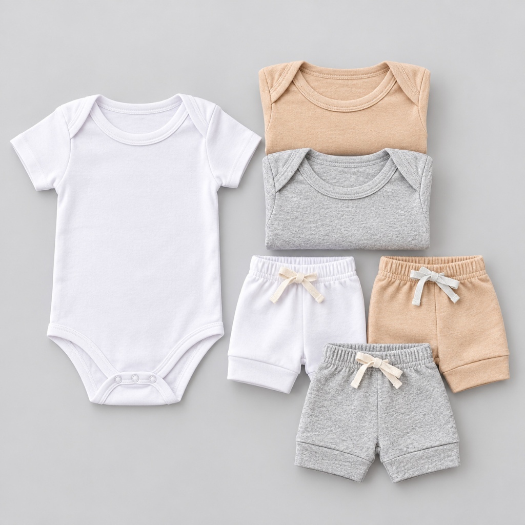 Kit 6 Peças Bebê RD Kids: 3 Bodies Manga Curta + 3 Shorts Canelados Algodão Unissex Verão Tamanhos P M G Menino Menina