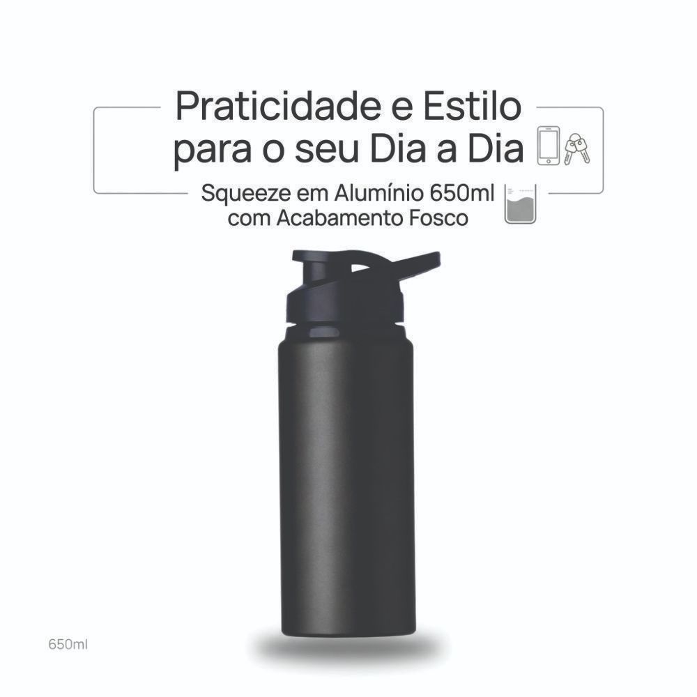 Garrafa Personalizada Squeeze Alumínio 650ml Fosco Tampa com Alça Fixa e Protetor de Bocal Esportivo Academia Treino