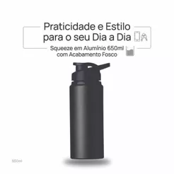 Garrafa Personalizada Squeeze Alumínio 650ml Fosco Tampa com Alça Fixa e Protetor de Bocal Esportivo Academia Treino