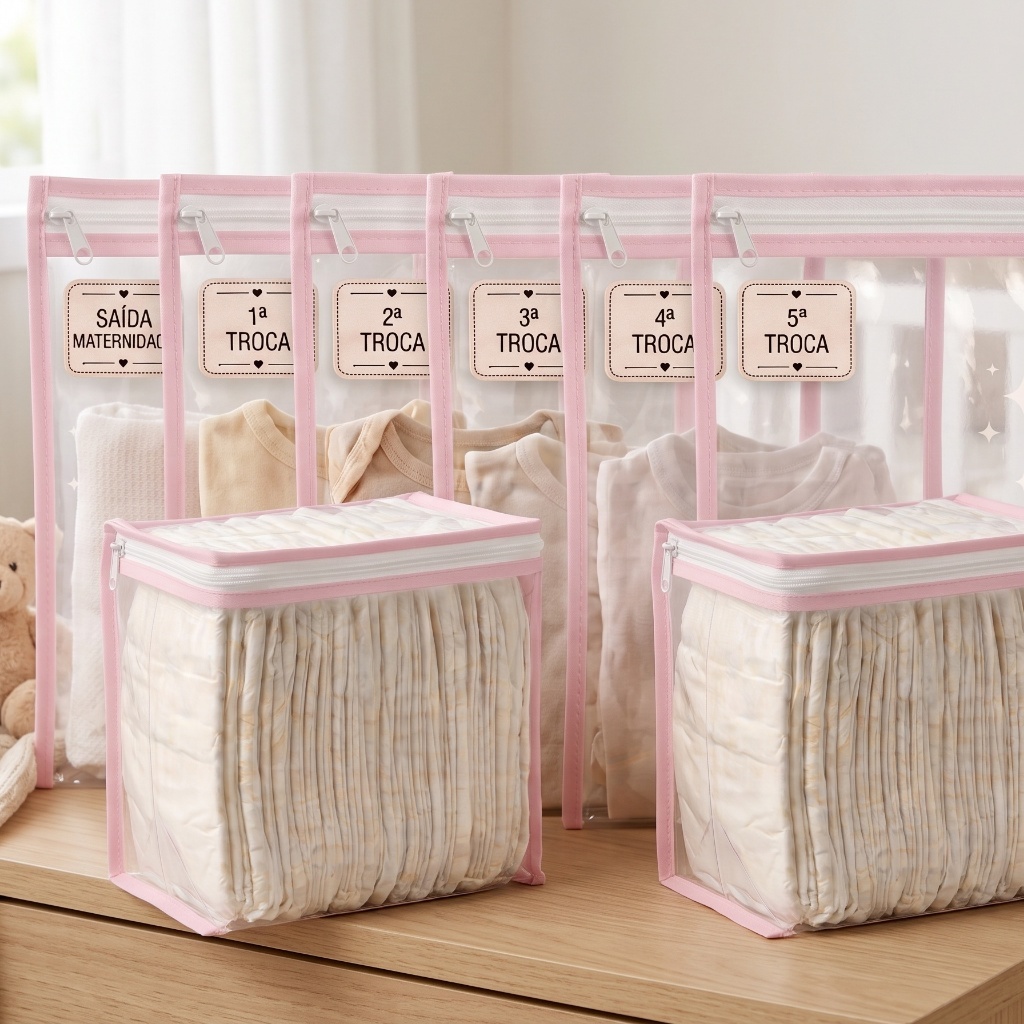Kit Saída Maternidade 8 Peças – 6 Saquinhos com TAG + 2 Porta-Fraldas