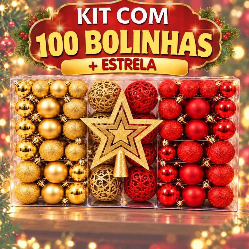 Kit 100 Bolas Natal Com Estrela Brinde Ponteira Flor Enfeite  Decoração Árvore Mista Fosca Lisa Vermelha Dourada