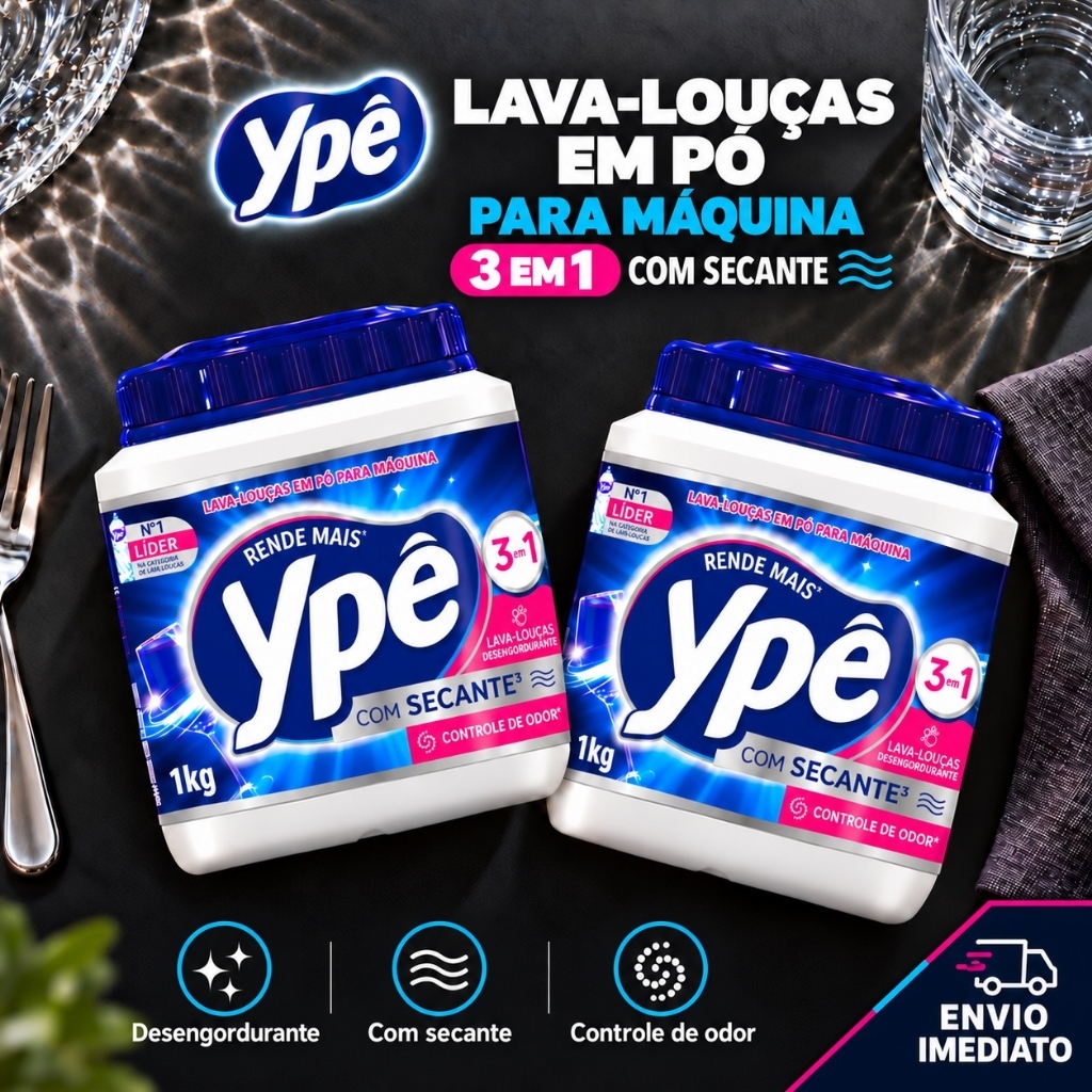 Lava Louças Ypê em Pó 3 em 1 com Secante Concentrado Rende 40 Lavagens para Máquina 1Kg ou 450g
