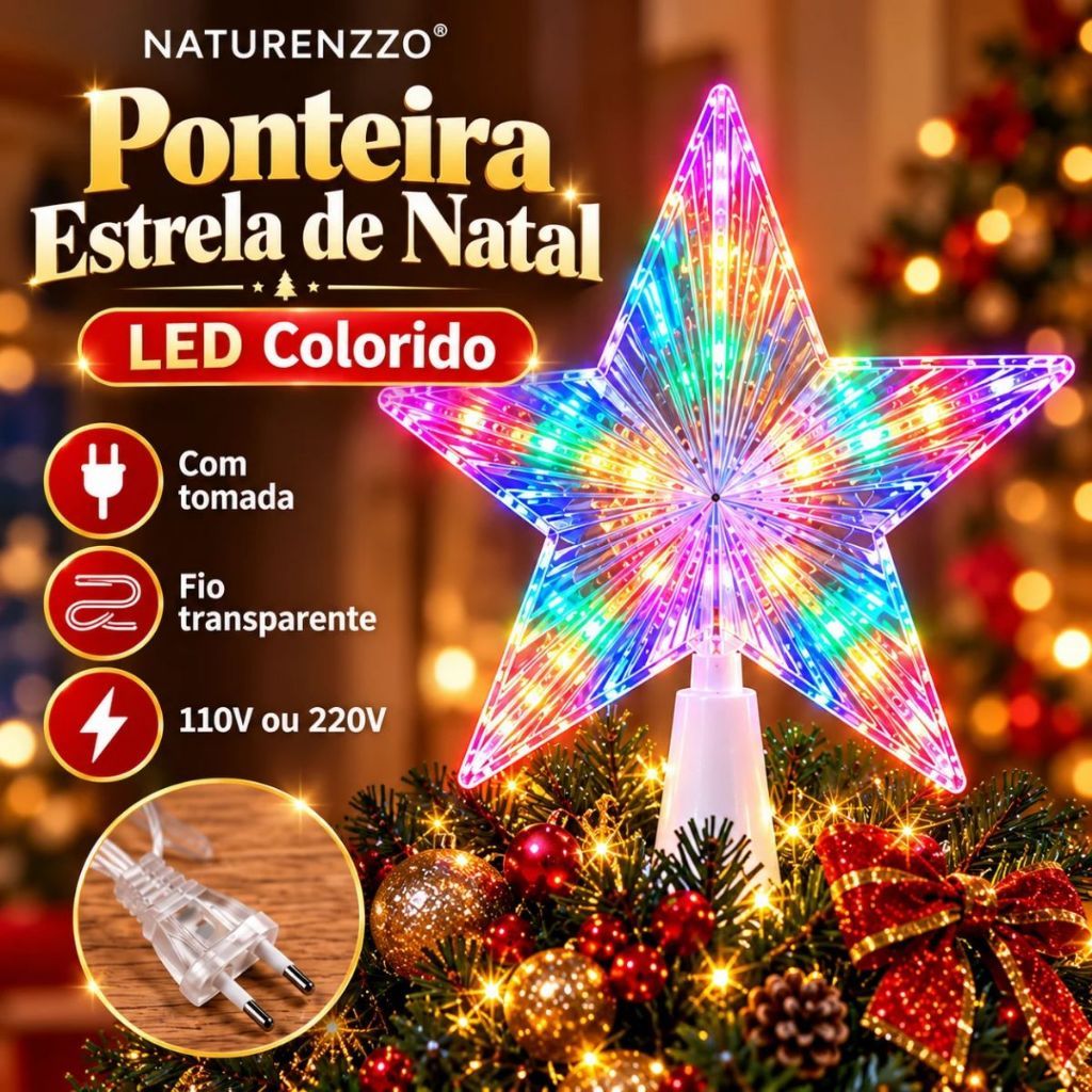 Estrela Ponteira Arvore De Natal Topo Led Enfeite Luxo Pisca  Ponteira Estrela Decoração  Árvore de Natal Linda Led