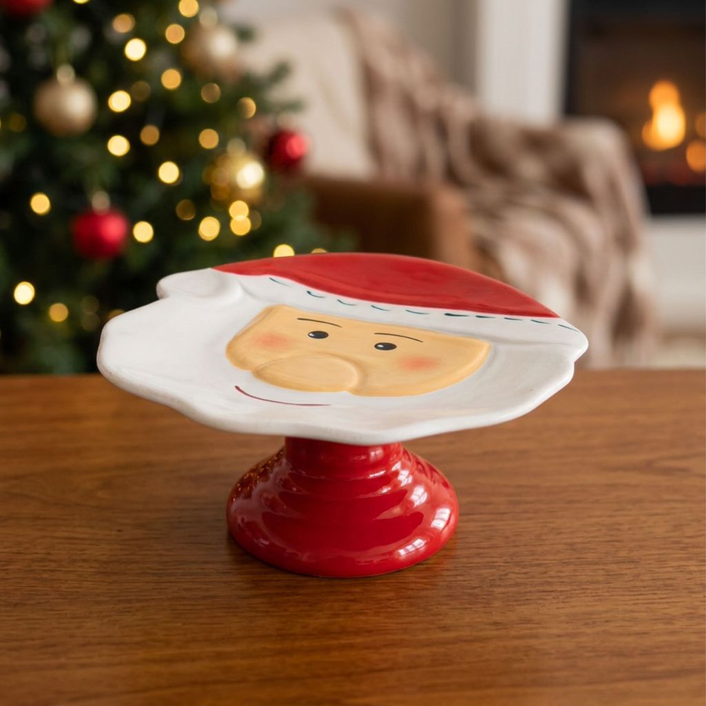 Boleira Papai Noel Pé Vermelho Cerâmica Louças Natal Porta Bolo Decoração Festas Mesa Posta