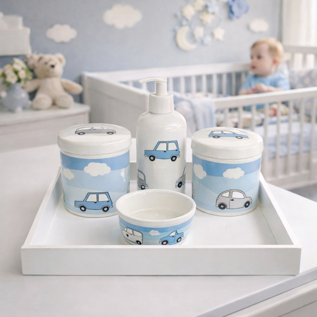 Kit Higiene Bebe Porcelana Decoracao Carrinho Azul Conjunto Potes Algodao Organizador em Oferta na Shopee