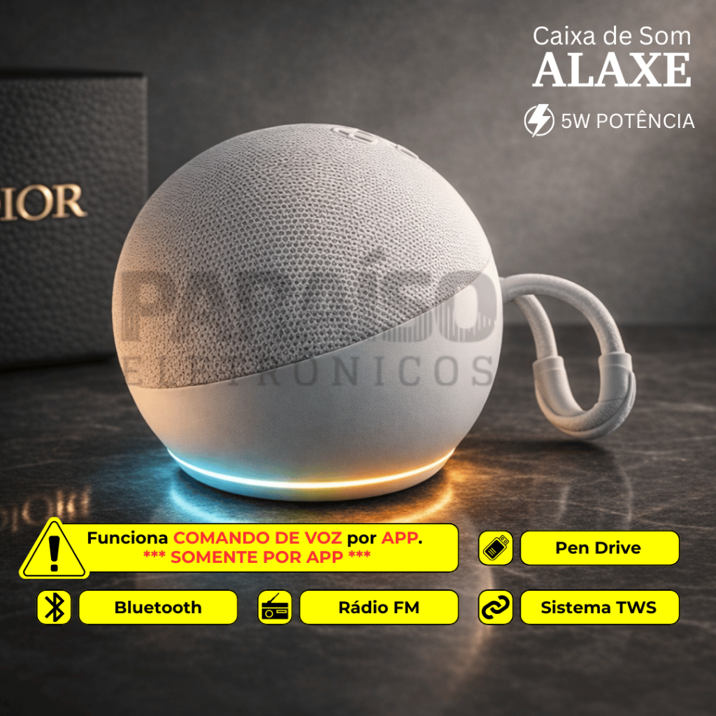 Caixa de Som Bluetooth ALAXE COM COMANDO DE VOZ POR APP, LED Portátil CORES ALEATÓRIAS