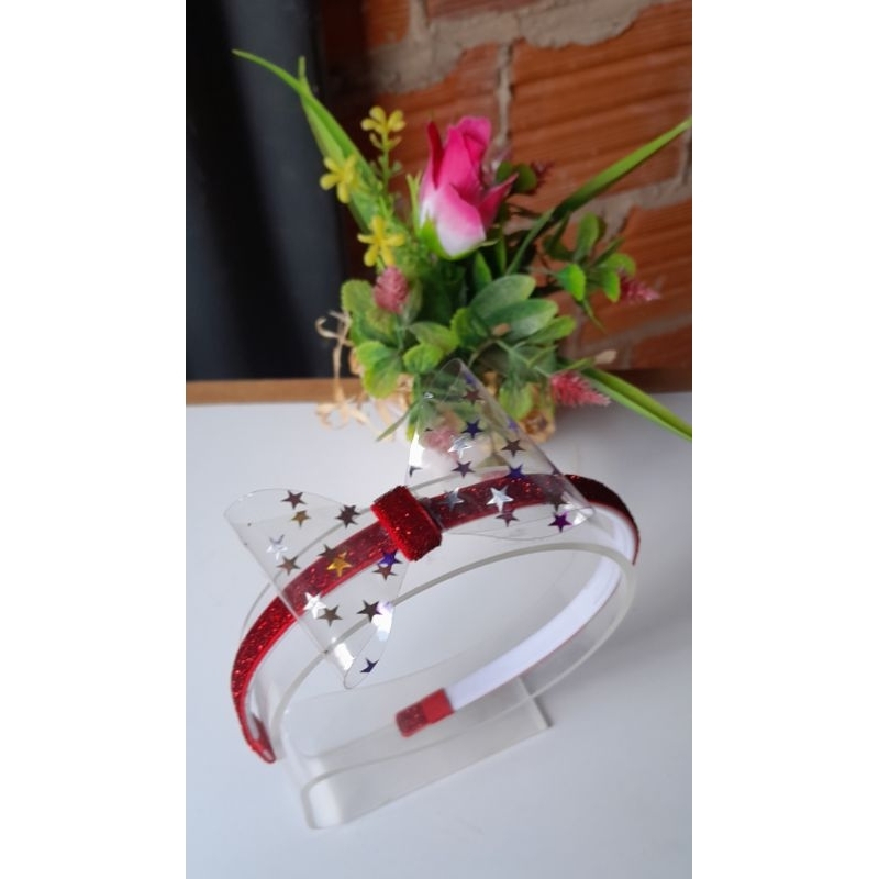 Tiara infantil transparente com laço grande e Estrelas, colorido glitter Acessório de cabelo para festa