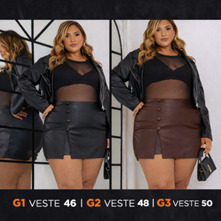 short saia plus size couro fake detalhe botão forrado em Oferta na Shopee