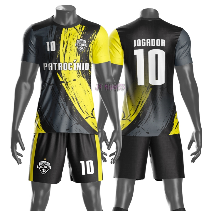 Uniforme jogador futebol amador esportivo camiseta e calção personalizavél nome número escudo mod 25