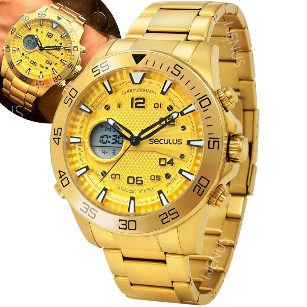 Relógio Seculus Masculino De Pulso Anadigi Dourado Quartz Em Aço Inoxidável Fosforescente Prova d'água 10 ATM Original
