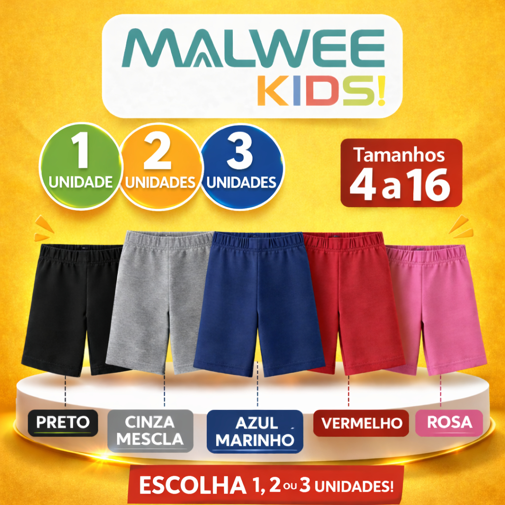 Kit 1,2 ou 3 Bermuda Ciclista Infantil Menina Cotton Malwee Kids Básica Short Escolar 4 a 16 Anos