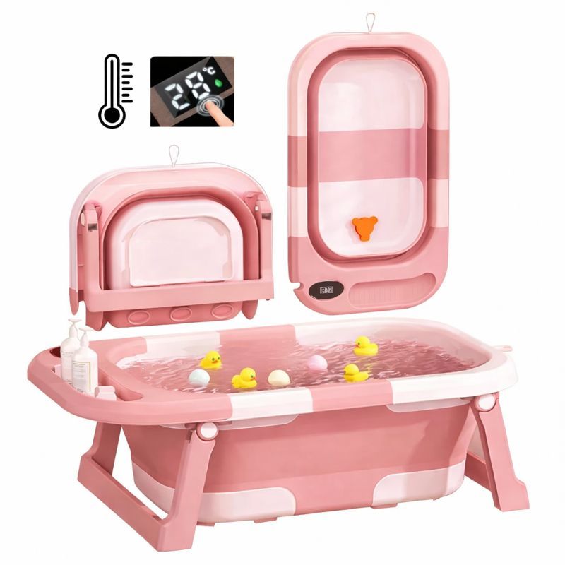 Banheira Bebê Dobrável ROSA Portátil com Termômetro Segurança Banho Infantil Compacta