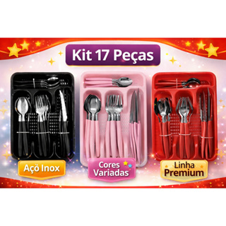 Kit Conjunto Talher Faqueiro com até 17 Peças Aço Inox Cozinha Com Suporte Para Gaveta - Preto - Vermelho - Rosa em Oferta na Shopee
