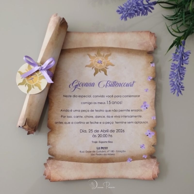 40 Convite 15 anos Convite Debutante Convite Rapunzel Convite Lilás Convite Pergaminho Convite Princesa