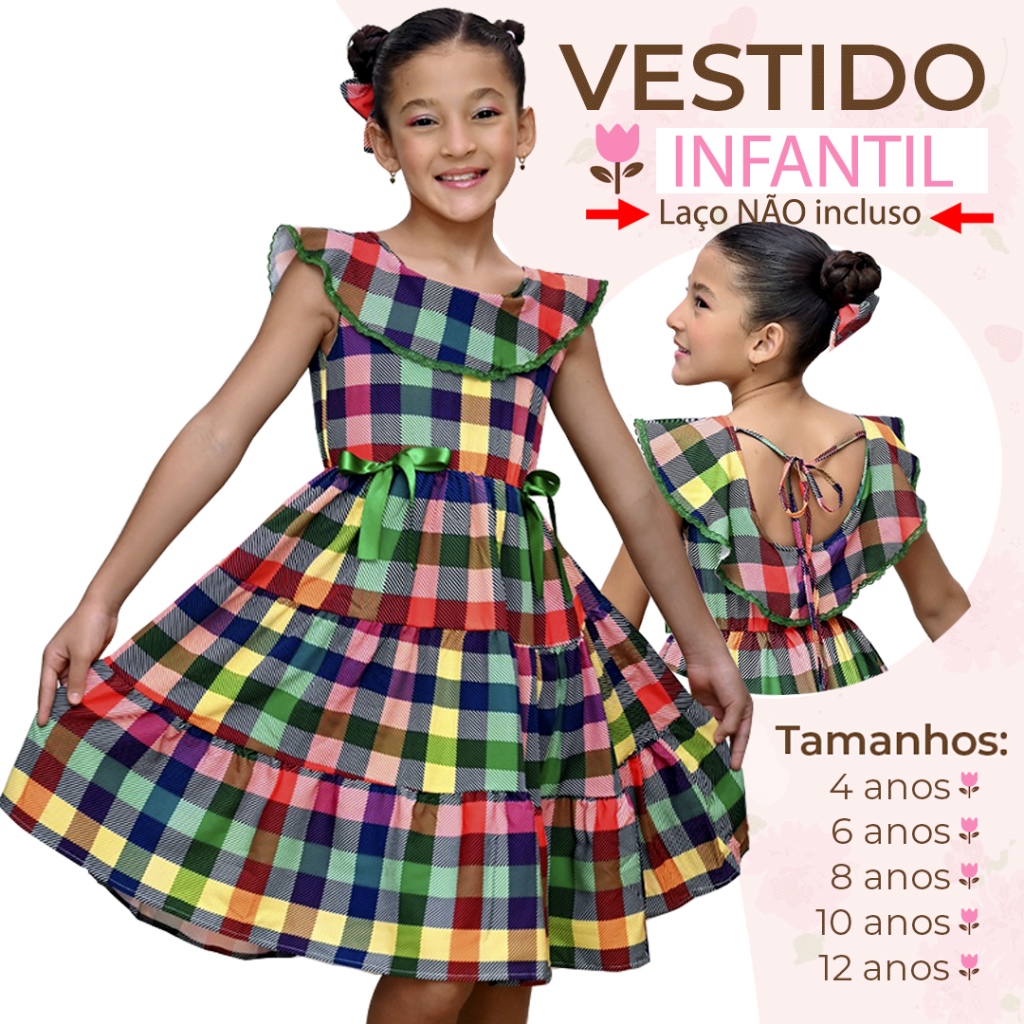 Vestido Infantil Menina Manga Curta Floral Junino Xadrez Confortável Moda Infantil Lançamento Exclusivo 4 a 12 Anos