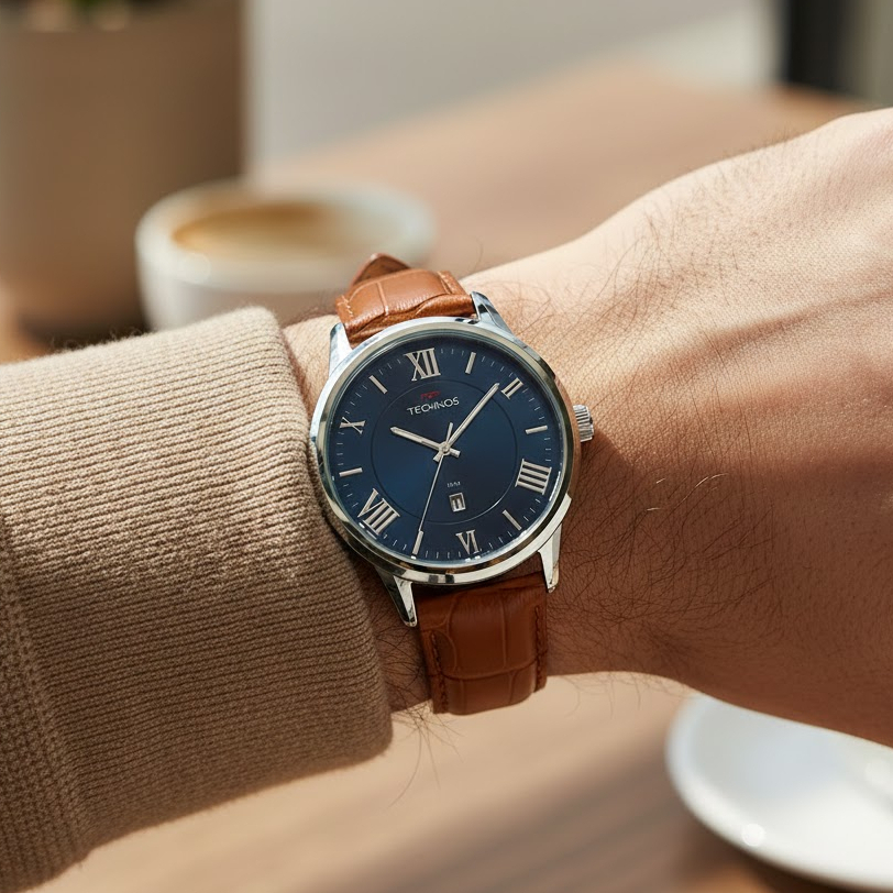 Technos Masculino Resistente Água Relógio Aço Prata Pulseira Couro Calendário 2115MTX/0A