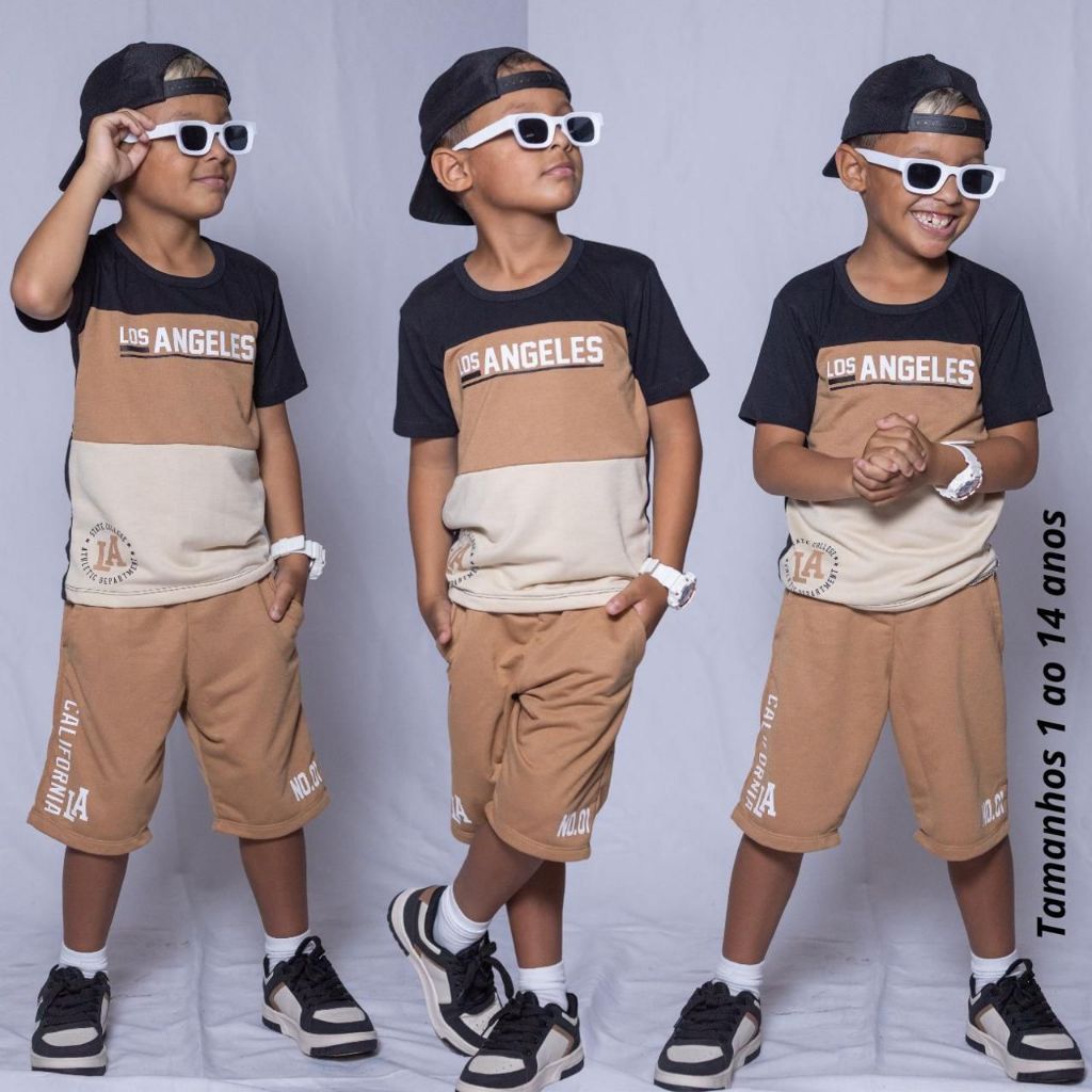 Conjunto Infantil menino Los Angeles, Brooklyn, New York 100% algodão Kit Camisa e Bermuda