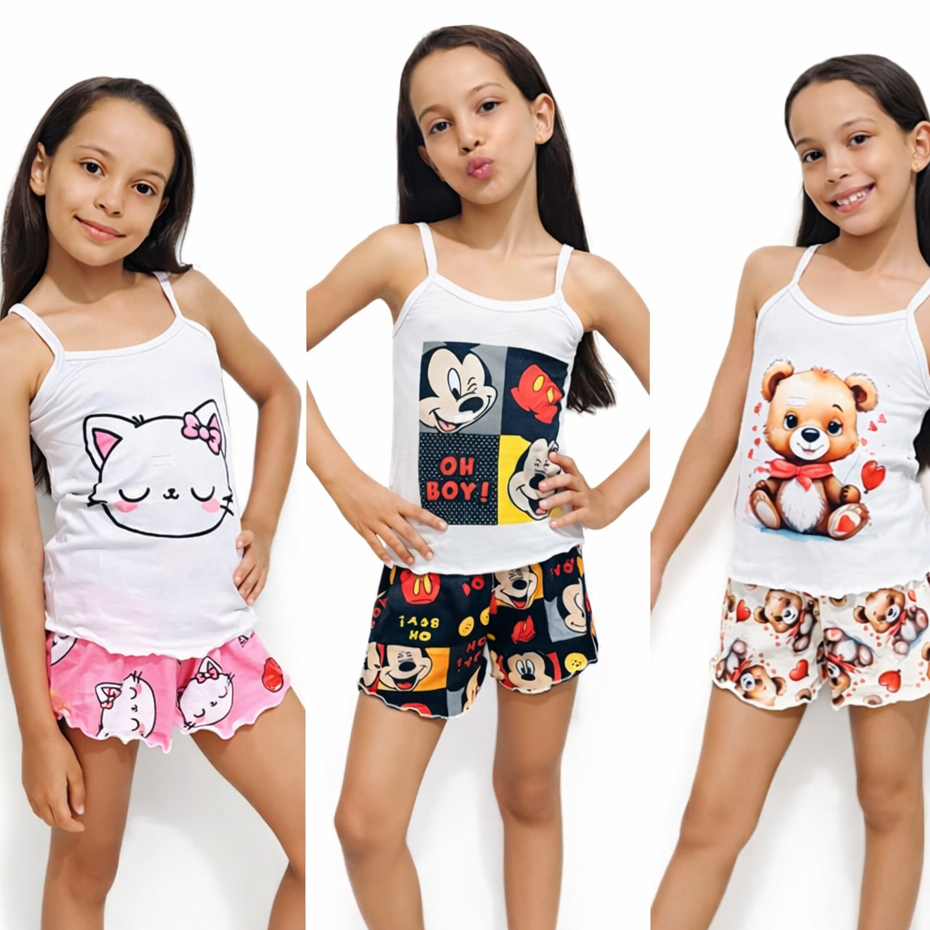 Kit 3 Babydoll Regata Infantil de Alcinha Com Shortinho Para Menina Personagens Temático Sortidas