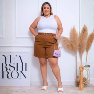 Short Social Plus Size | Cintura Alta com bolso na frente | Tecido alfaiataria com cinto em Oferta na Shopee