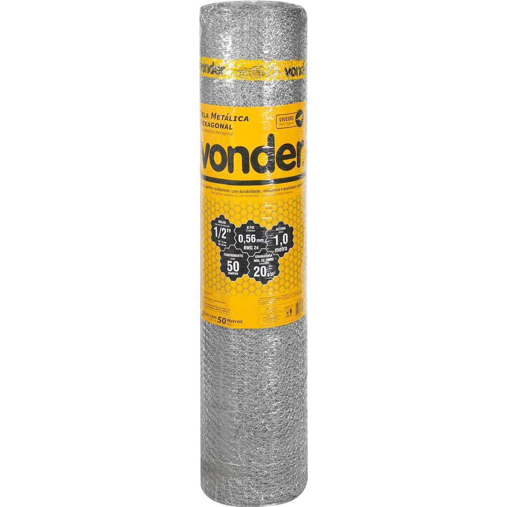 Tela Metálica Hexagonal Viveiro 1/2" 24 BWG 1,0m x 50m Galvanizada Vonder