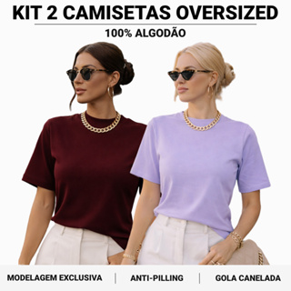 Kit 2 ou 1 Camisetas Oversized Feminina Básica Gola Alta 100% Algodão Premium Dia a Dia em Oferta na Shopee