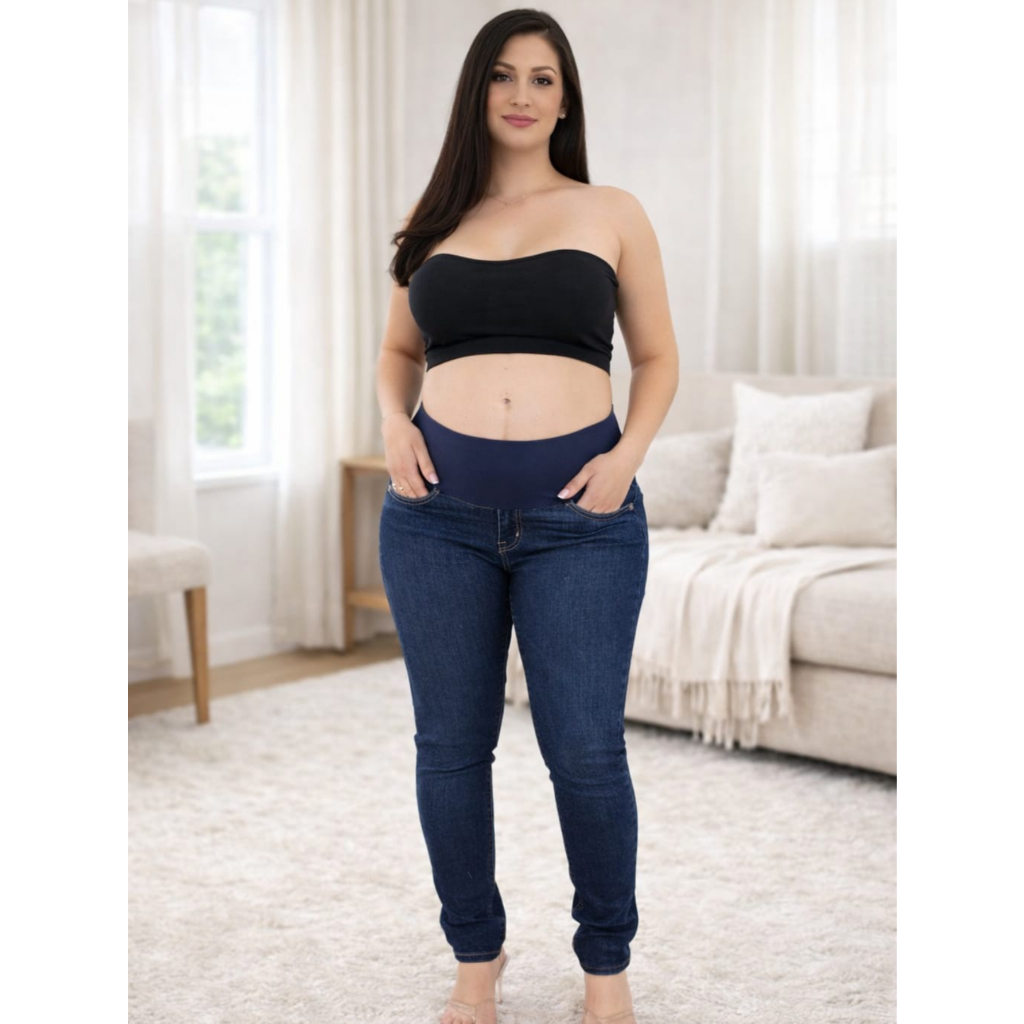Calca Jeans Skinny Grávida Gestante com Lycra Cós Alto Confortável Moda Gravidez Azul Escuro